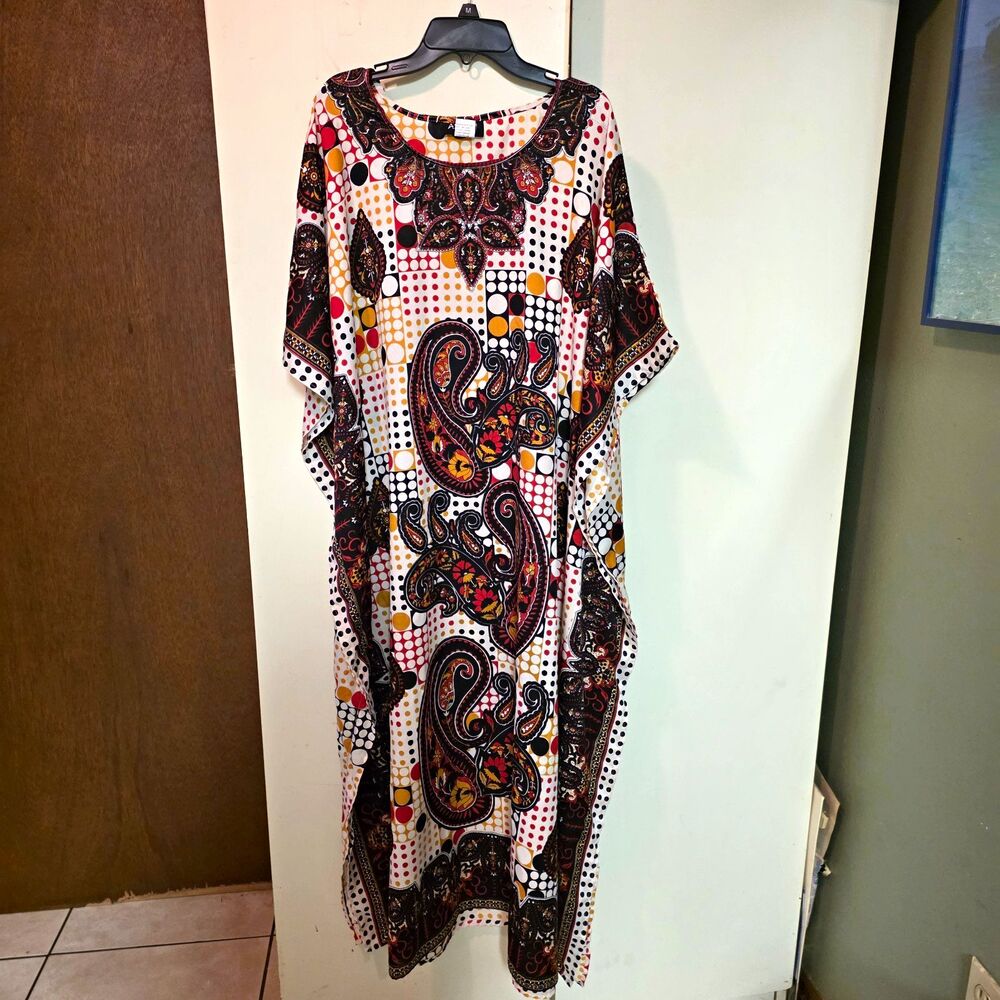 Ashro Women's 1970s style Multicolor Paisley Polka Dot Caftan Maxi Dress
